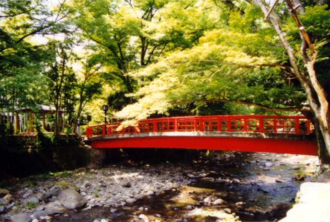  a red bridge over the river